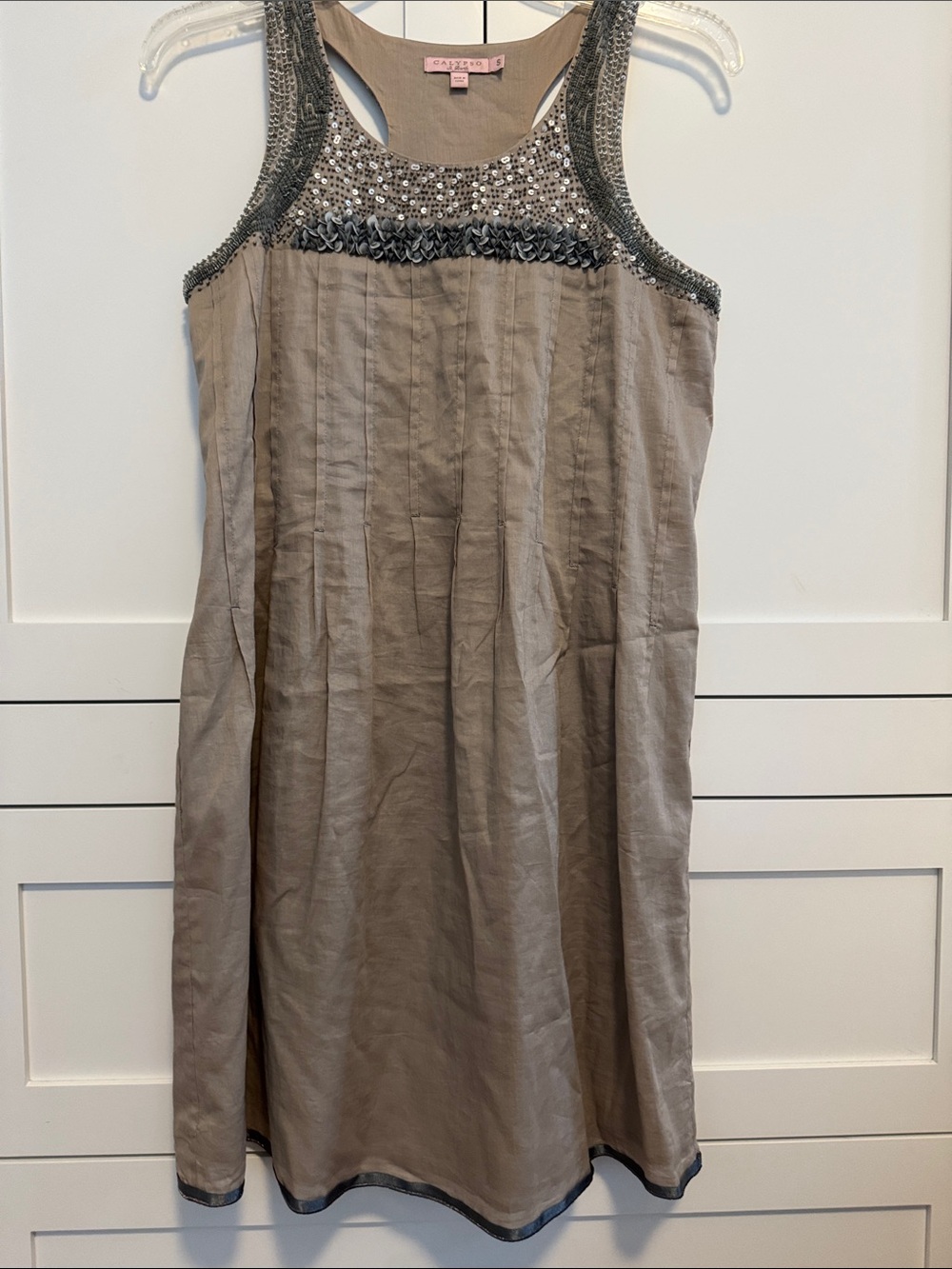 Calypso St. Barth Taupe Sleeveless Embellished Beaded Yoke Dress